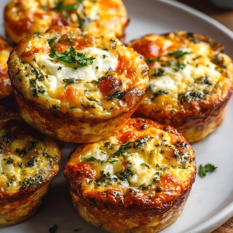 Puede incluir: Primer plano de varios muffins de huevo horneados en un plato gris claro. Los muffins tienen una corteza dorada con hierbas visibles y un relleno blanco cremoso. Se espolvorea perejil fresco por encima, realzando el atractivo visual del plato salado para el desayuno o el brunch.