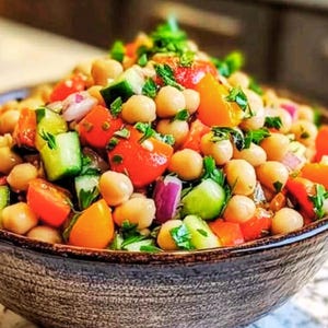 May include: A colorful salad in a textured bowl. The salad features chickpeas, diced tomatoes, cucumbers, red onion, and fresh herbs. The tomatoes are red and orange, the cucumbers are green, and the onion is purple. The bowl is a neutral brown color.