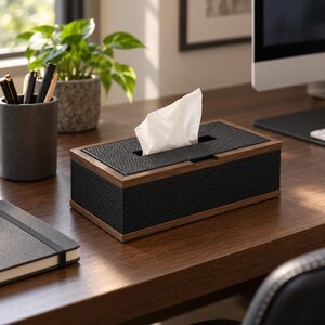 Walnut Wood & Leather Tissue Box Cover, Modern Rectangular Tissue Holder, Removable Lid Facial Tissue Dispenser, Living Room Office Bedroom