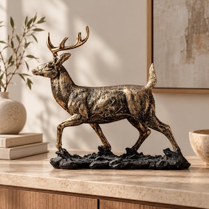 Könnte beinhalten: Eine dekorative Hirschfigur mit metallischem Gold-Finish und dunklen, verwitterten Akzenten. Der Hirsch ist in einer schreitenden Pose dargestellt und auf einem strukturierten, schwarzen, felsartigen Sockel montiert. Die Skulptur zeigt detailliertes Fell.