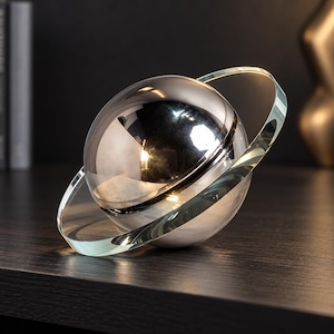 Könnte beinhalten: Ein kugelförmiges Objekt mit einer reflektierenden silbernen Metalloberfläche, das von einem klaren, transparenten Glasring umgeben ist. Das Design ähnelt einem Planeten mit Ringen und weist eine glatte, polierte Oberfläche auf.
