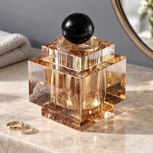 May include: A square amber-colored glass container with a tiered, geometric base and a cylindrical center. The lid features a large, smooth, solid black sphere as a handle. The glass is transparent, reflecting light, and sits alongside two gold rings.