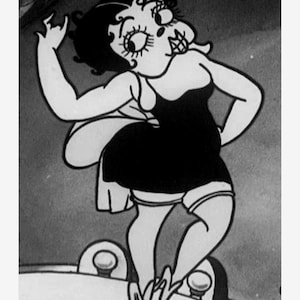 May include: Black and white cartoon illustration of a female character in a short dress and gartered stockings. The character has large eyes, a small mouth, and is posed with one arm raised.