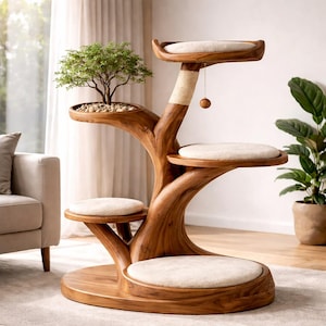 Puede incluir: Un árbol para gatos de madera con múltiples plataformas y una jardinera incorporada. El árbol tiene un acabado de madera natural, con cojines beige en cada plataforma. Un pequeño árbol está plantado en la plataforma superior y un juguete colgante de bola está adjunto.