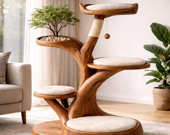 Modern Wooden Cat Tree Tower with Cushions, Luxury Cat Climbing Furniture, Solid Walnut Cat Condo Multi Level Scratch Post Pet House