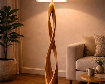 Modern Wooden Floor Lamp, Sculptural Twisted Lamp, Minimalist Standing Lamp, Handmade Wood Light for Living Room Bedroom Decor