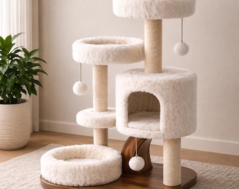 Luxury Fluffy Cat Tree Tower, Soft Faux Fur Cat Condo, Modern Cat Furniture with Scratching Posts & Cozy Beds Indoor Cat Climber