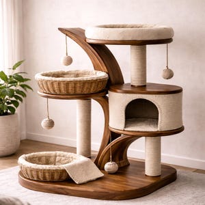 Torre rascador de lujo de madera para gatos, moderno mueble tipo condominio para gatos, casa de madera maciza para gatos con postes rascadores y camas cómodas, trepador para gatos de interior.