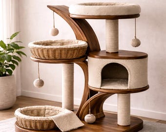 Luxury Wooden Cat Tree Tower, Modern Cat Condo Furniture, Solid Wood Cat House with Scratching Posts & Cozy Beds Indoor Cat Climber