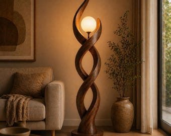 Sculptural Wooden Floor Lamp, Ribbon Flame Design Lamp, Modern Curved Wood Lighting, Luxury Standing Lamp, Artistic Home Decor Light