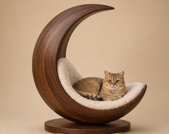 Floating Crescent Wooden Cat Lounge, Modern Cat Bed Furniture, Luxury Sculptural Cat Perch, Minimalist Pet Furniture, Designer Cat Chair