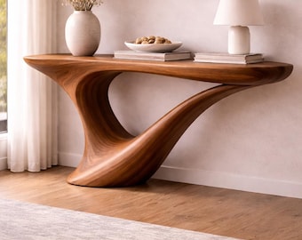 Consola escultural de madera, mesa de entrada moderna de nogal macizo, mesa de pasillo artística curvada, muebles minimalistas de lujo.