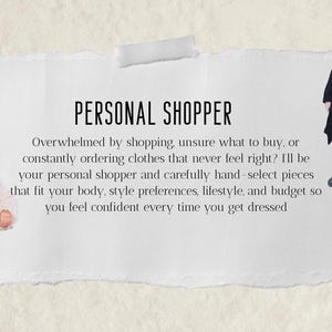 Könnte beinhalten: Das Bild zeigt den Text "PERSONAL SHOPPER" und eine Beschreibung des Dienstes. Zwei Personen sind in Freizeitkleidung zu sehen. Eine trägt einen schwarzen Mantel und Jeans, die andere eine weiße, flauschige Jacke, einen Schal und Jeans.