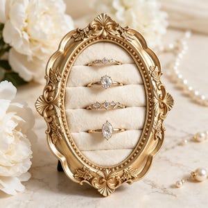 May include: An oval gold-toned frame with ornate scrollwork details containing a cream-colored velvet insert with four horizontal slots. Four gold rings with clear stones are displayed in the slots, featuring various cuts including marquise and oval.