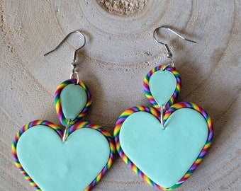 Rainbow Heart Polymer clay drop earrings Pride LGBT