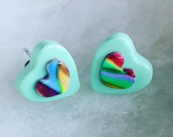 Rainbow heart polymer clay stud earrings Pride LGBT