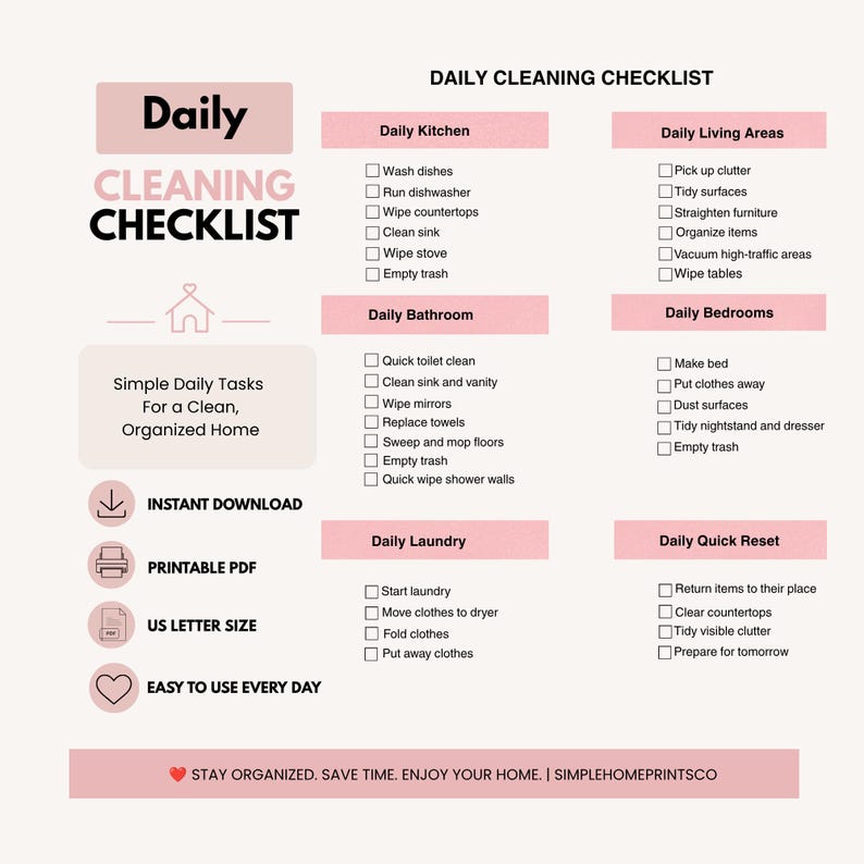Daily Cleaning Checklist Printable, House Cleaning Checklist PDF, Chore