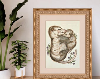 Mama mit Baby Possum | "Leinendruck von Original-Gemälde ""Blühende Umarmung"""