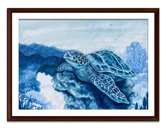 Sea Turtle, Ocean Art | Linen Print of Original Painting titled, "Resting Sea Turtle"