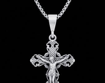 Jesus Cross Crucifix pendant / dije crucifijo Religious Necklace 925 Sterling Silver with high polish finish (Tiny)