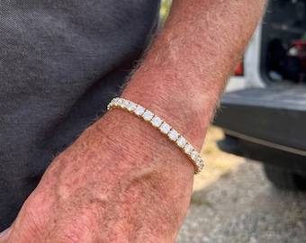 Mens Simulated Diamond Tennis Bracelet, 18K Gold or Silver Plated CZ Stainless Steel, Anniversary Gift for Husband, Waterproof