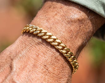 Mens Waterproof 18K Gold Cuban Link Bracelet, Miami Cuban Curb Chain Stainless Steel, Gift for Husband or Dad, Won't Turn Skin Green