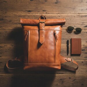 Moroccan Leather Roll Top Backpack - Etsy display picture 3