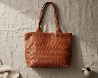 Handmade Moroccan Leather Bag | Braided Leather Tote | Marrakech Artisan Bag | Large Shoulder Bag | Boho Leather Handbag Gift