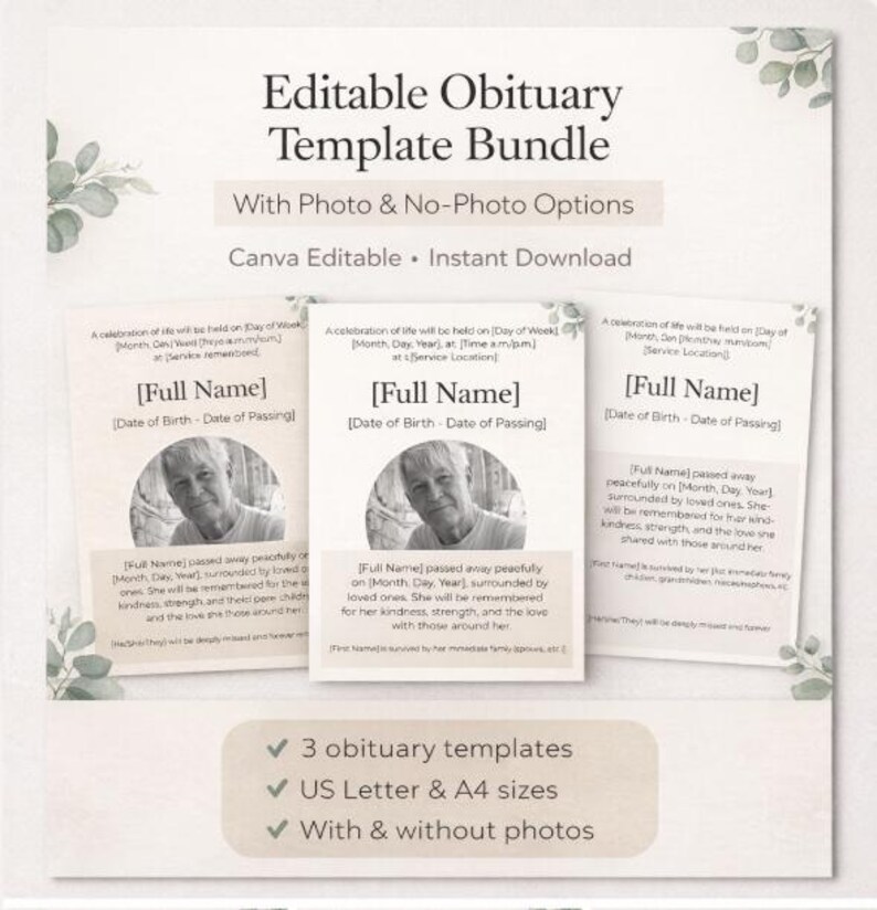 Editable Obituary Template Bundle | Celebration of Life Announcement ...