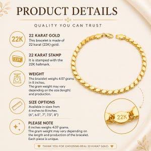 Pode incluir: Uma pulseira de corrente de ouro 22 quilates com elos ovais. A imagem inclui texto detalhando as especifica&ccedil;&otilde;es do produto, indicando um peso de 4,07 gramas para 8 polegadas, op&ccedil;&otilde;es de tamanho de 6 a 8 polegadas e um selo 22K no fecho.