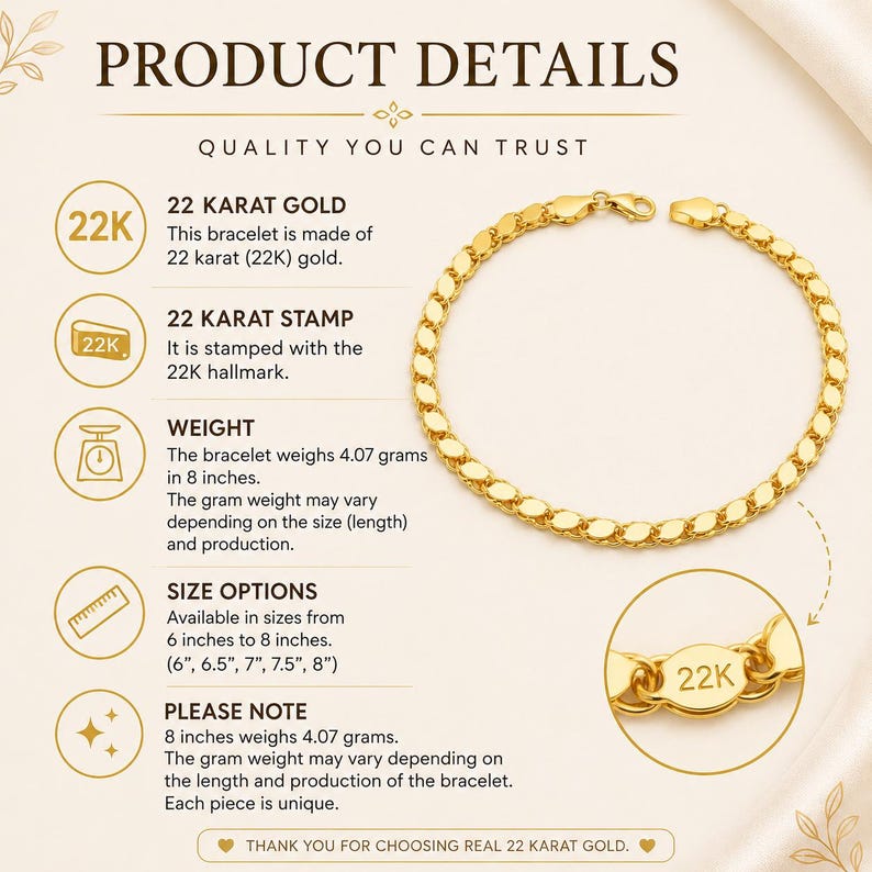 Pode incluir: Uma pulseira de corrente de ouro 22 quilates com elos ovais. A imagem inclui texto detalhando as especifica&ccedil;&otilde;es do produto, indicando um peso de 4,07 gramas para 8 polegadas, op&ccedil;&otilde;es de tamanho de 6 a 8 polegadas e um selo 22K no fecho.