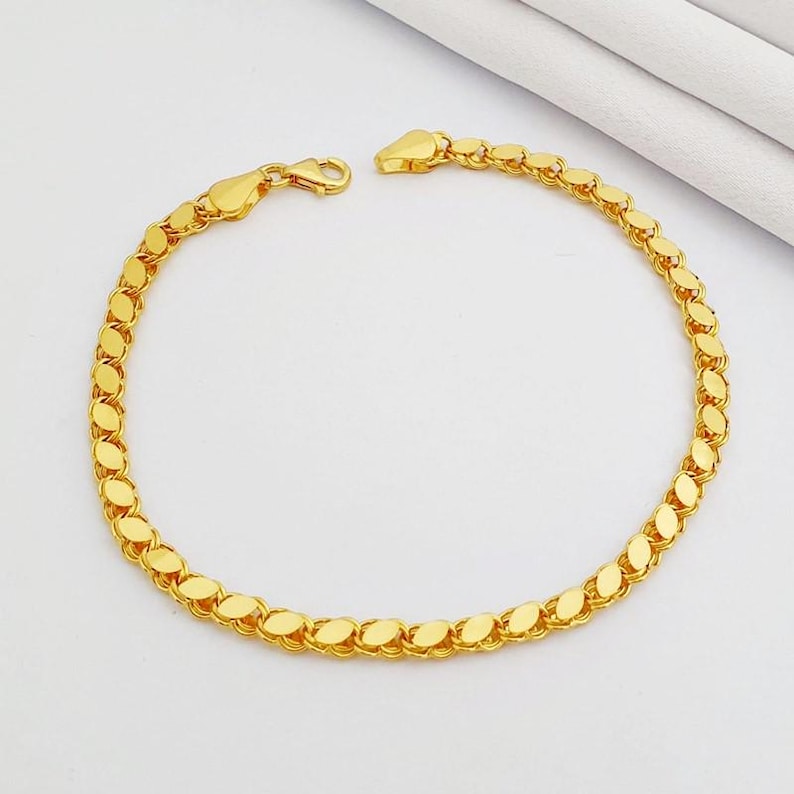 Pulseira em formato de escama de ouro 22 quilates, corrente de ouro maciço, pulseira delicada de ouro imagem 2