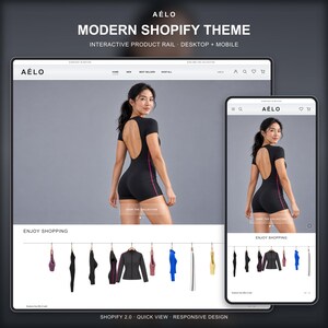 May include: A digital mockup of the AÉLO modern Shopify theme displayed on desktop and mobile screens. The interface features a black bodysuit with pink side accents, a navigation menu, and an interactive product rail showing various clothing items.
