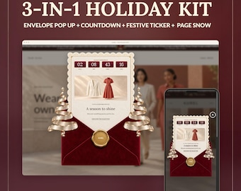 May include: A Shopify 3-in-1 holiday kit digital graphic featuring a red velvet envelope pop-up with a gold wax seal, a countdown timer, and metallic Christmas tree accents. The display shows a website interface with clothing images and text.