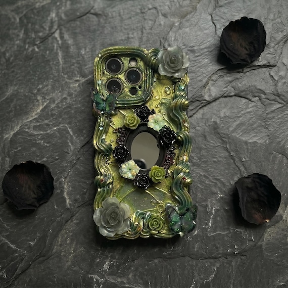 Moss Green Floral Mirror Gothic Phone Case, 3D Handmade Decoden, Dark Forest Fairycore Goth, Whimsigoth Gift, Custom iPhone / Samsung