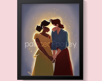 Puede incluir: Dos mujeres se encuentran de frente, con sus frentes tocándose. Una estrella brillante brilla entre ellas, iluminando sus rostros. La mujer de la izquierda lleva un vestido amarillo, mientras que la mujer de la derecha lleva una camisa azul y una falda roja. El fondo es de un azul suave.