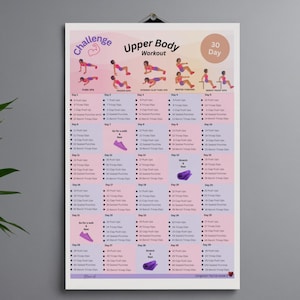 Op de afbeelding: Een 30-daagse workoutkaart voor het bovenlichaam met illustraties van oefeningen zoals push-ups en tricep dips. De poster heeft een roze en paars kleurenschema en bevat tekst zoals "Challenge" en "Upper Body Workout."