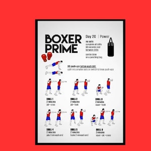 Puede incluir: Un póster en blanco y negro con el texto "BOXER PRIME" e instrucciones de ejercicios para el Día 20. El póster presenta ilustraciones de ejercicios de boxeo, un saco de boxeo y detalles sobre ejercicios, flexiones y períodos de descanso.