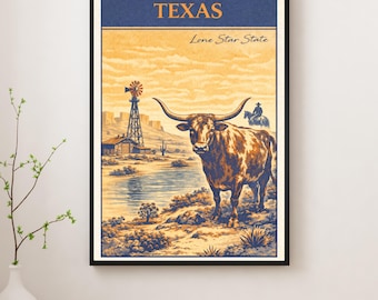 Texas Vintage Travel Poster – Lone Star State Western Wall Art, Retro Texas Decor