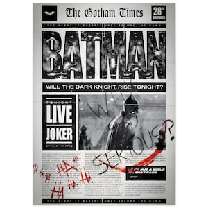 Plakat z gazety w stylu Batmana – grafika ścienna z filmu Mroczny Rycerz, wydruk z Jokerem z Gotham, wystrój filmowy DC zdjęcie 5