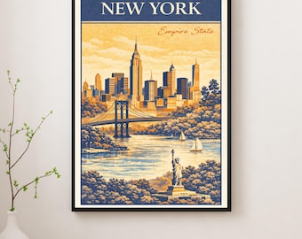 Vintage New York Travel Poster – Empire State City Skyline Wall Art, Retro NYC Illustration