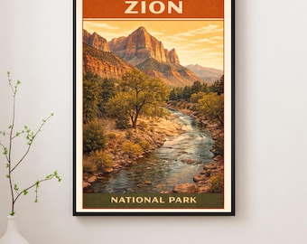 Zion National Park Poster, Retro Canyon Landscape Wall Art, Utah Travel Print