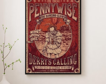 Pennywise Horror Poster – Vintage Circus Clown Wall Art, Dark Gothic Movie Print, IT Inspired Horror Decor