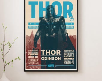 Póster vintage de Thor Odinson: Dios del Trueno, arte mural de Marvel, decoración retro de superhéroes, lámina de mitología nórdica