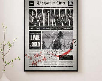 Batman Vintage Newspaper Poster – The Dark Knight Wall Art, Joker Gotham Print, DC Movie Decor
