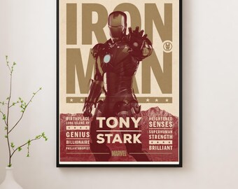 Póster vintage de Iron Man / Arte mural de superhéroe Tony Stark / Impresión de película retro inspirada en Marvel