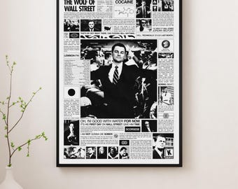 The Wolf of Wall Street Poster – Vintage Newspaper Collage Wall Art, Jordan Belfort Movie Print