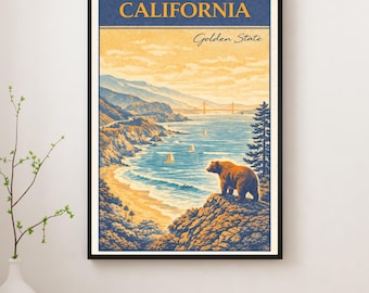 California Golden State Vintage Poster – Coastal Landscape Wall Art, Retro Travel Print