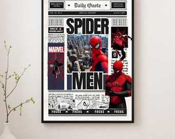 Plakat z gazety w stylu vintage z motywem Spider-Mana – grafika ścienna Marvela, dekoracja pokoju z superbohaterami, wydruk komiksowy