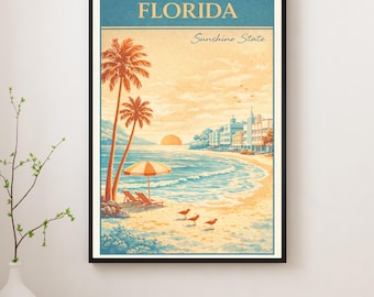Florida Sunshine State – Vintage Beach Travel Poster | Retro Coastal Wall Art